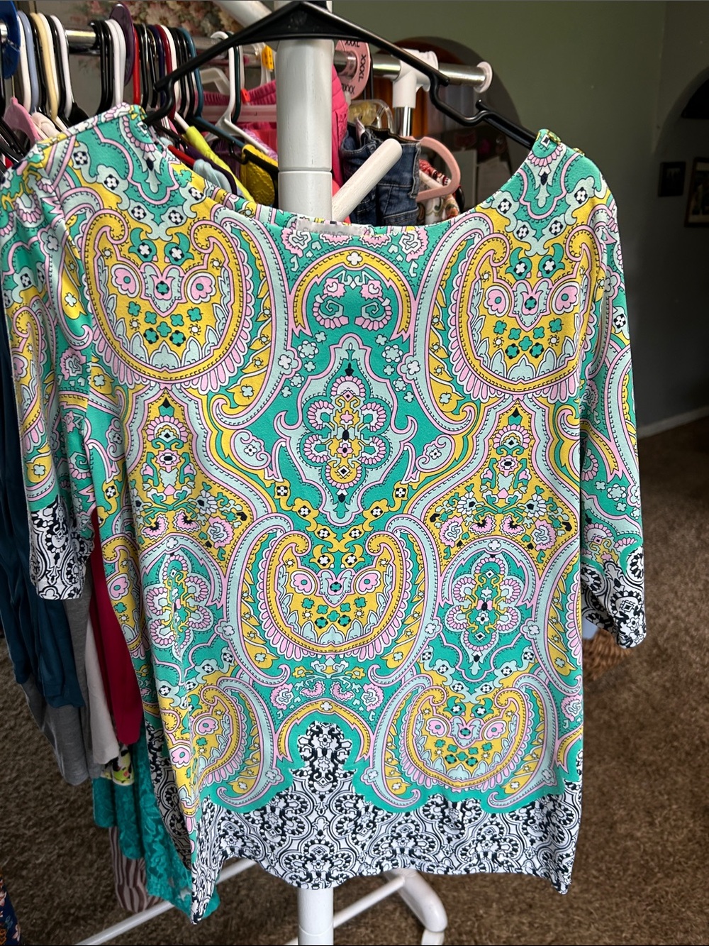 Charter Club Mint Paisley Short Sleeve Tunic with Yellow & Pink Accents Size L